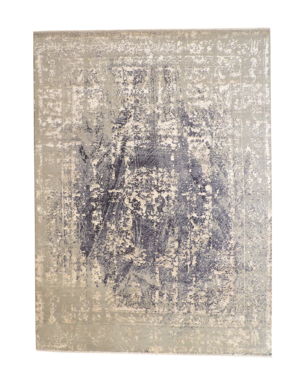 Transitional Abstract Broken Design hand-knotted wool-silk rug in Blue & Pink, full view