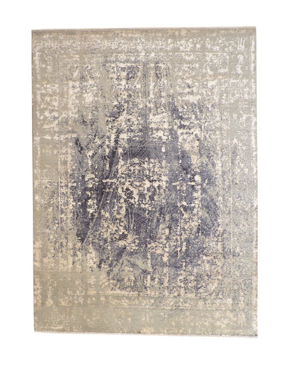 Transitional Abstract Broken Design hand-knotted wool-silk rug in Blue & Pink, full view