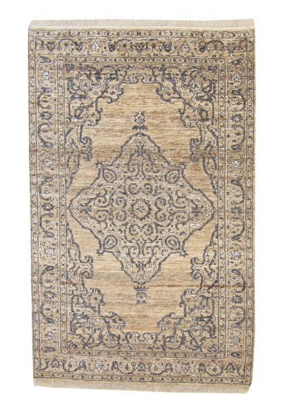 Natural Kerman Design Jute hand-knotted wool rug in Brown & Gray, full view