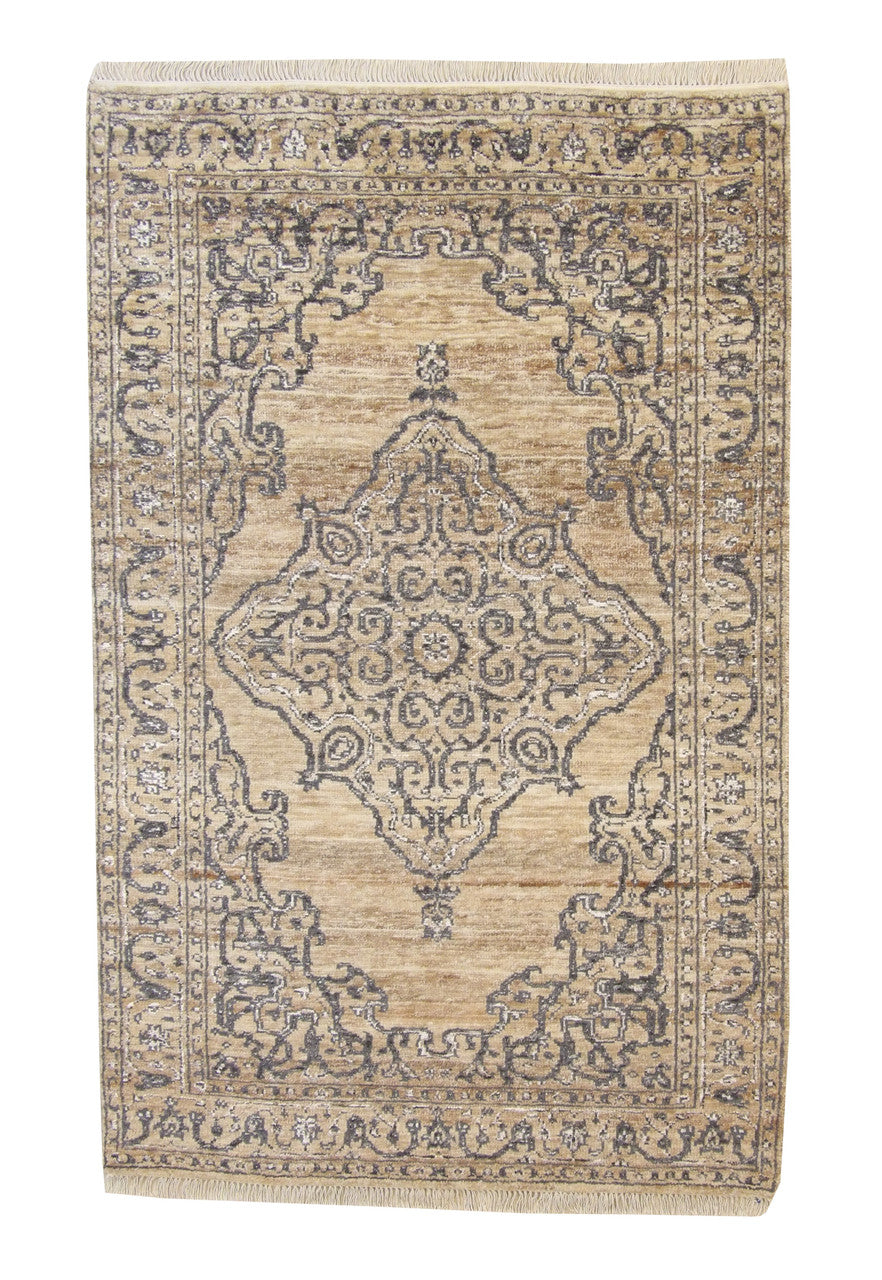 Natural Kerman Design Jute hand-knotted wool rug in Brown & Gray, full view