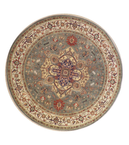 Tribal Indo Heriz hand-knotted wool rug in Green & Beige, full view
