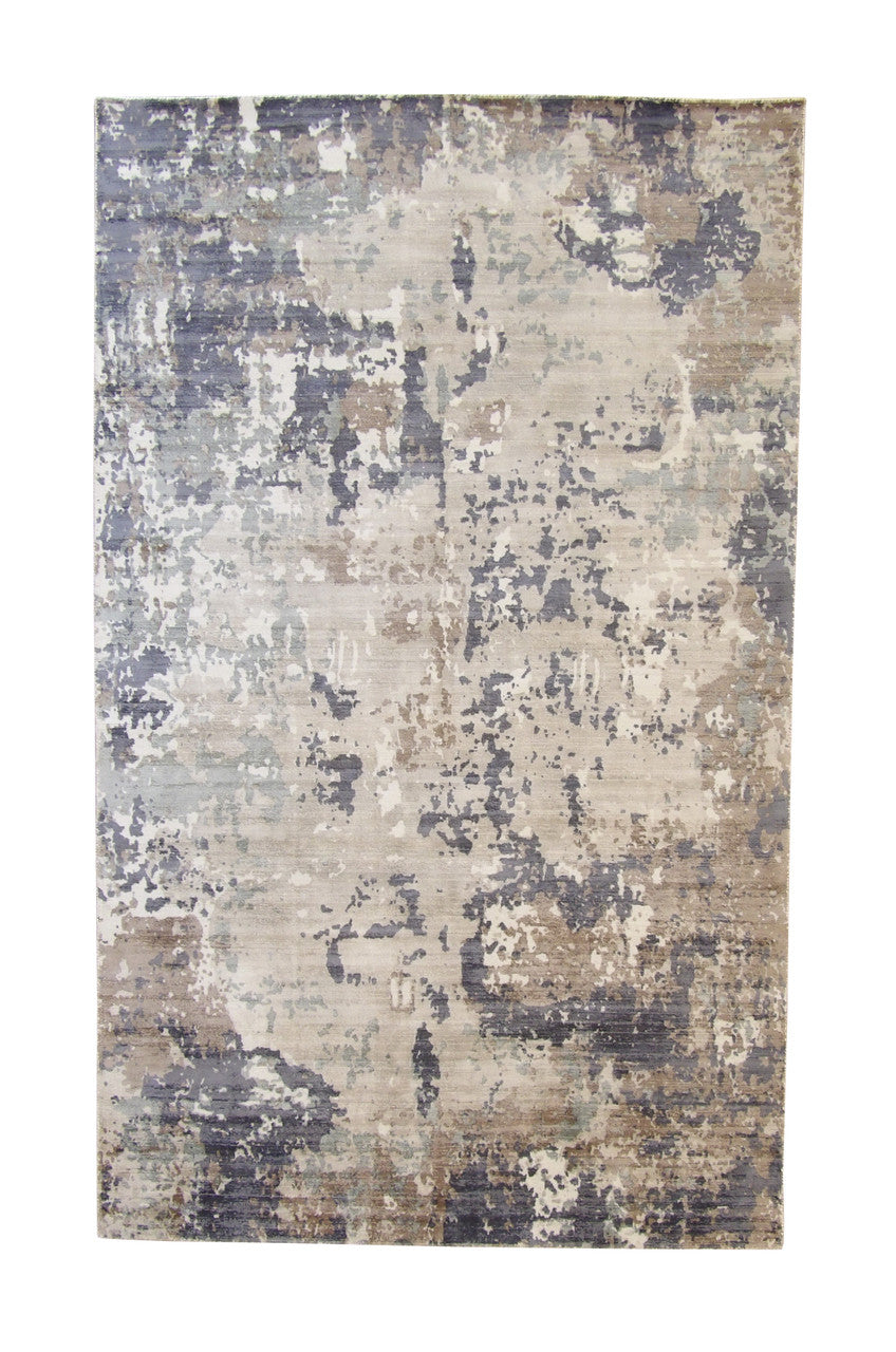 Modern Abstract Design hand-knotted silk rug in Multi-Color & White, full view