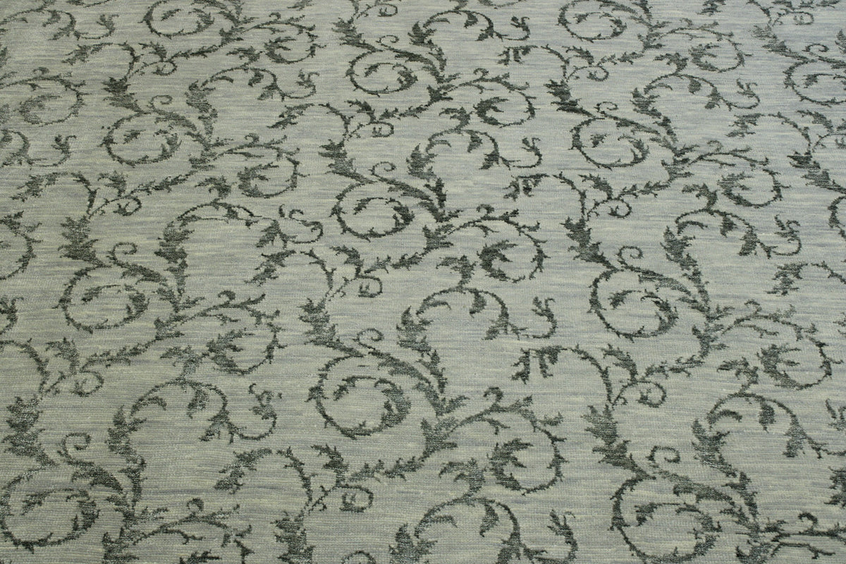 Transitional Leaf Design hand-knotted wool rug in Green & Gray, full view