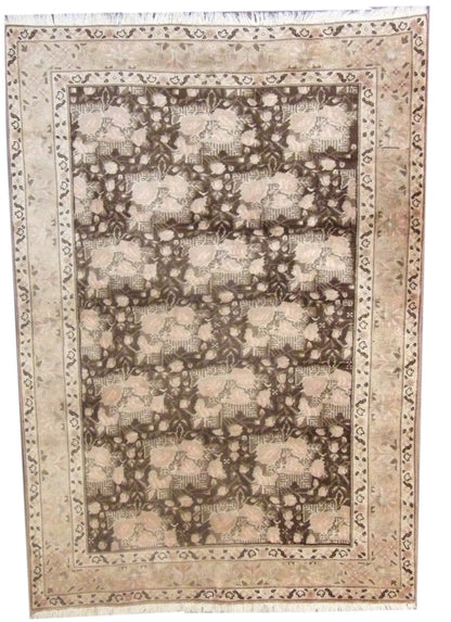 Anatolian vintage Khotan Oushak hand-knotted wool rug in brown and pink, full view