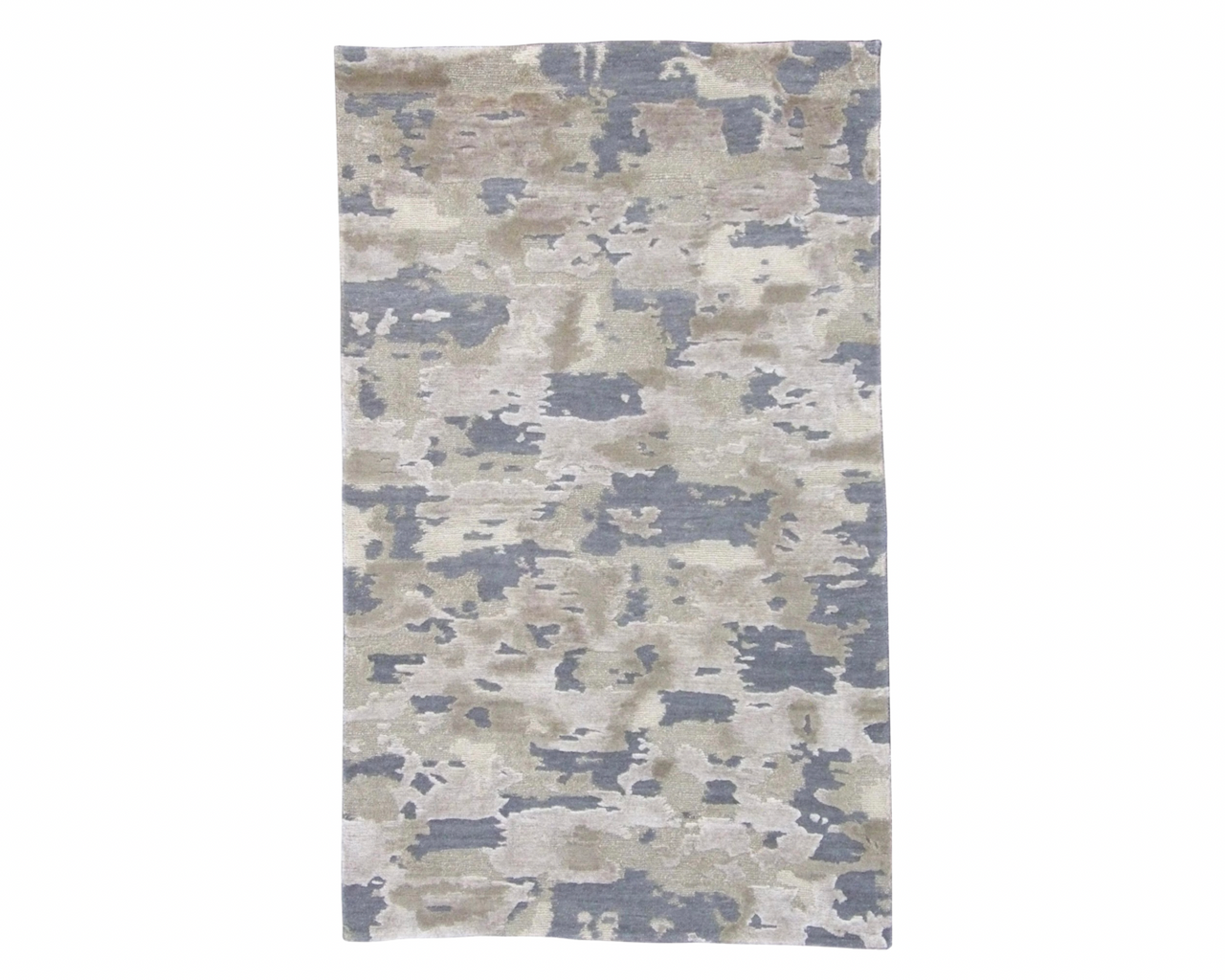 Modern Tibetan abstract hand-knotted wool-silk rug in gold and gray, full view