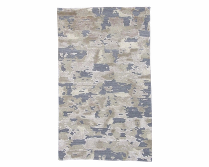 Modern Tibetan abstract hand-knotted wool-silk rug in gold and gray, full view