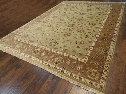 Kashan medallion pattern detail, brown and green rug