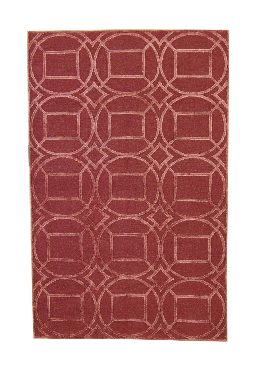 Modern Circle Design hand-knotted wool-silk rug in Pink & White, full view