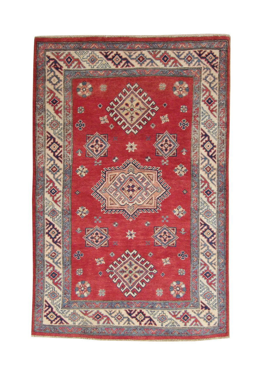 Tribal Super Kazak hand-knotted wool rug in Beige & Red, full view
