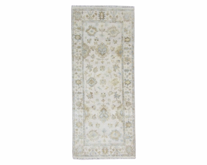 Turkish Oushak hand-knotted wool runner in ivory, full view