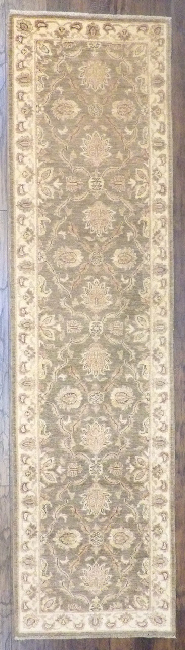 Oushak Chobi Natural Dye hand-knotted wool rug in Green & Ivory, full view