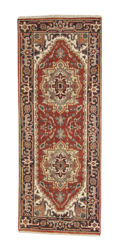 Tribal Indo Heriz hand-knotted wool rug in Rust, full view