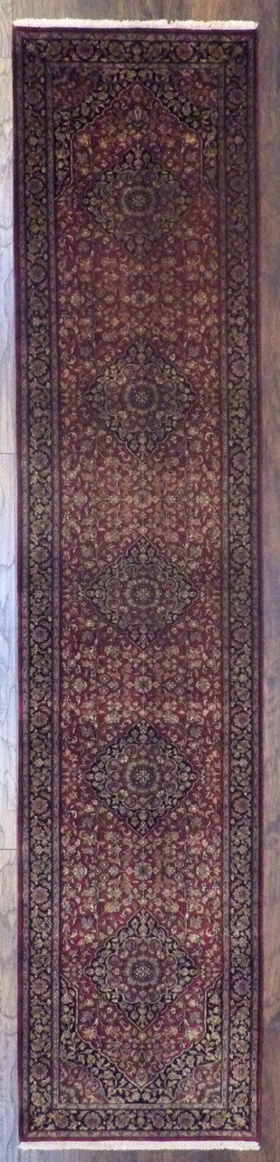 Fine Persian Tabriz hand-knotted wool runner in blue and red, full view