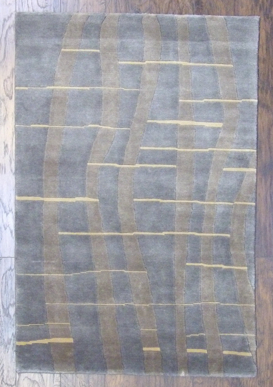 Modern Geometrical Design hand-knotted wool-silk rug in Blue & Brown, full view