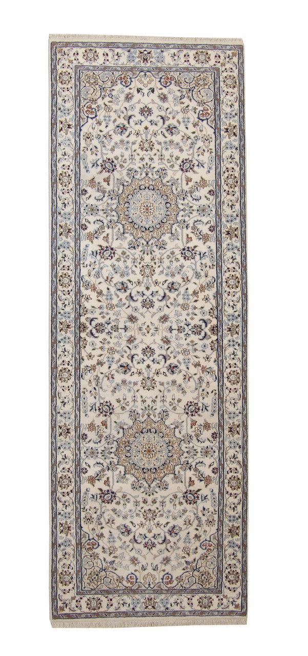 Traditional Fine Nain Design hand-knotted wool-silk rug in Beige, full view