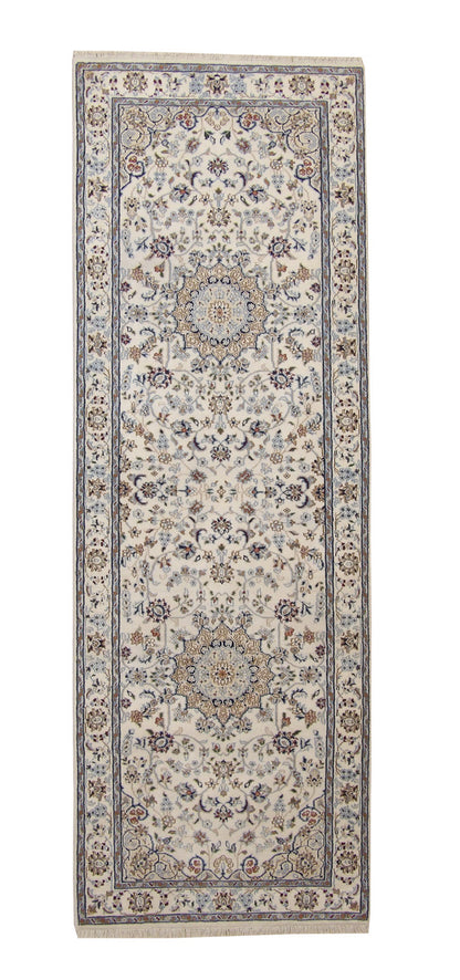 Traditional Fine Nain Design hand-knotted wool-silk rug in Beige, full view