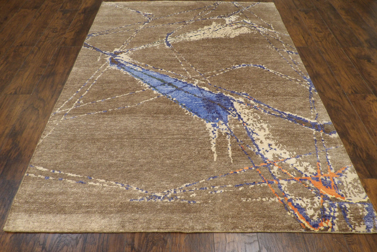 Close-up of wool-silk pile, Blue & Brown rug