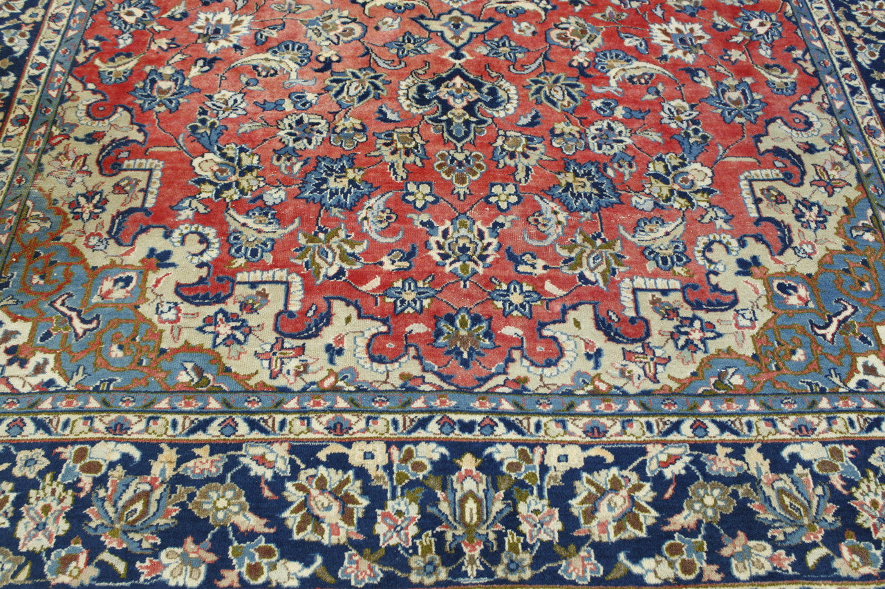 Traditional Antique Tabriz hand-knotted wool rug in Blue & Red, full view