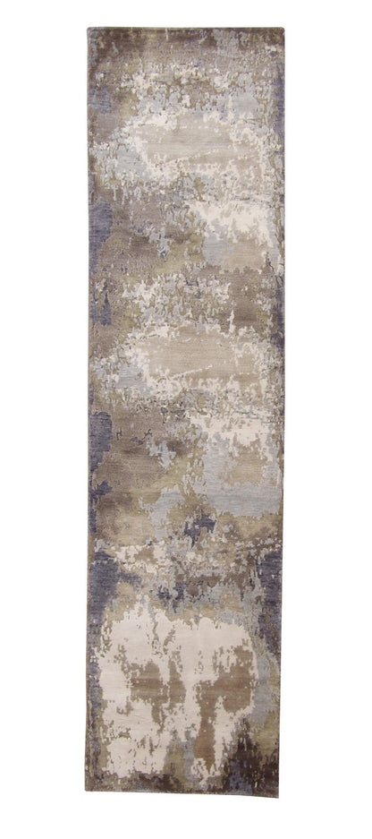 Modern Abstract Broken Design hand-knotted wool-silk rug in Blue, full view