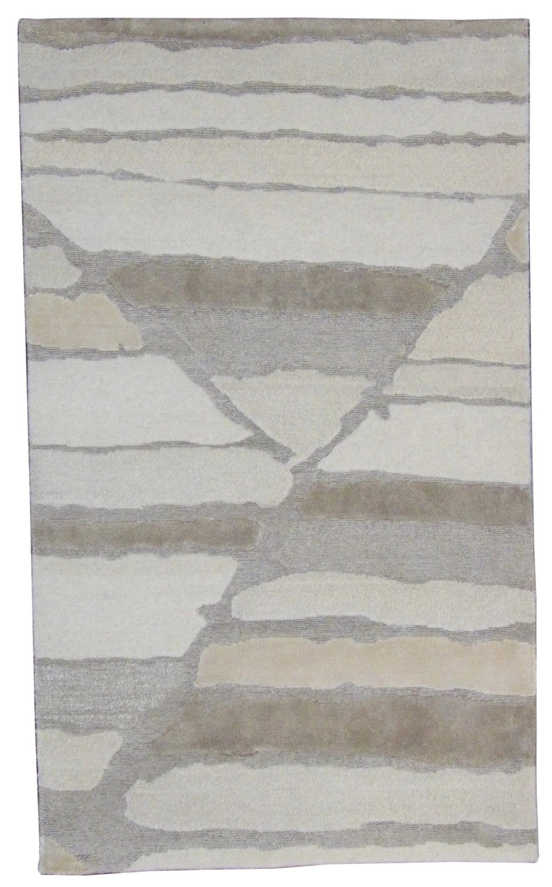 Modern Tibetan design hand-knotted wool-silk rug in gold and beige, full view