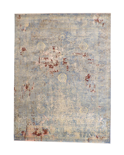 Transitional Abstract Broken Design hand-knotted wool-silk rug in Blue & Multi-Color, full view