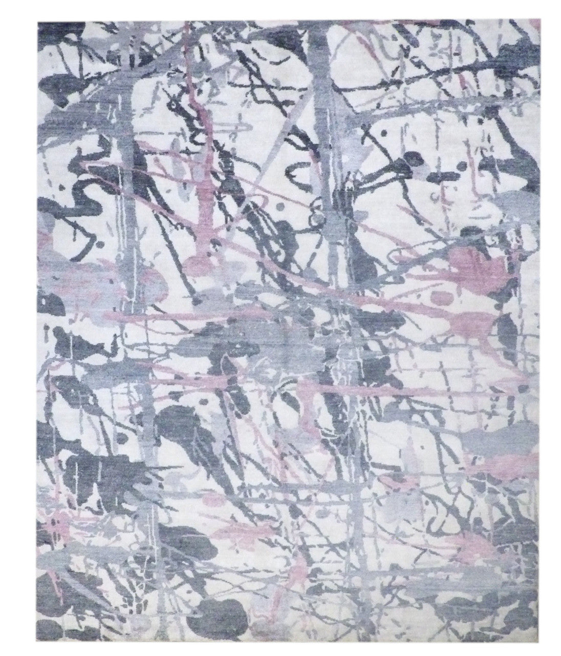 Modern Oxidized Abstract Design hand-knotted silk rug in Gray & Pink, full view