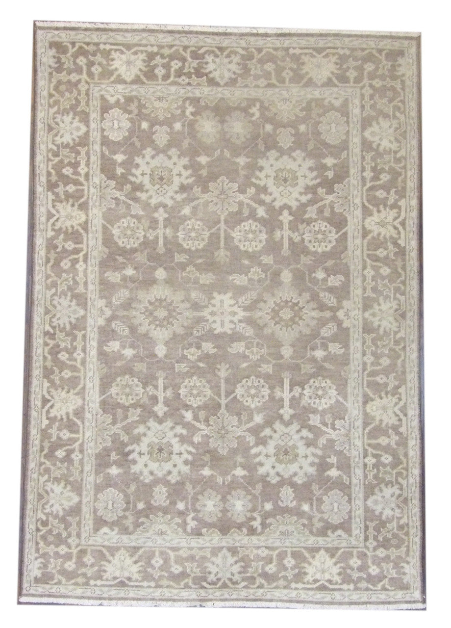 Turkish Oushak hand-knotted wool rug in brown and green, full view