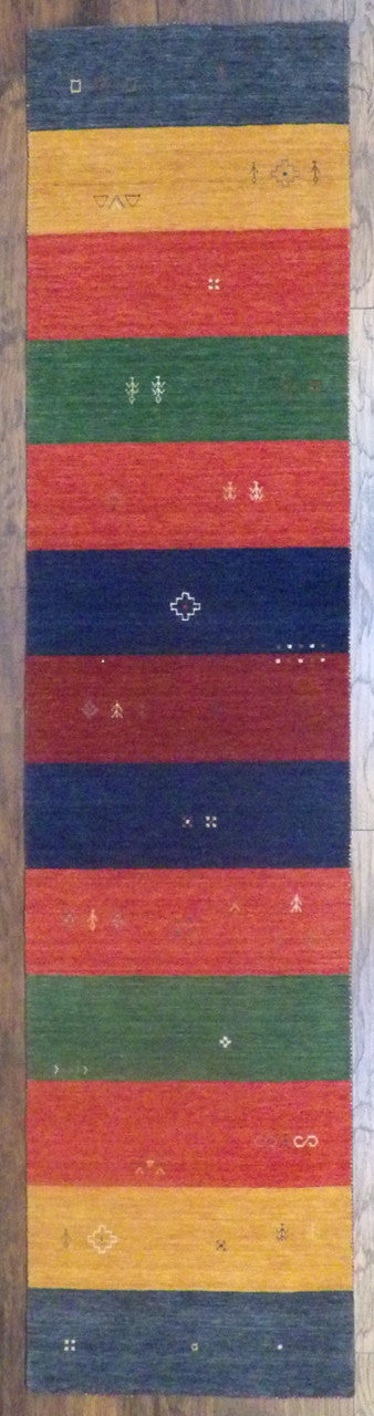 Modern Gabbeh hand-knotted wool rug in Multi-Color, Red & Blue, full view