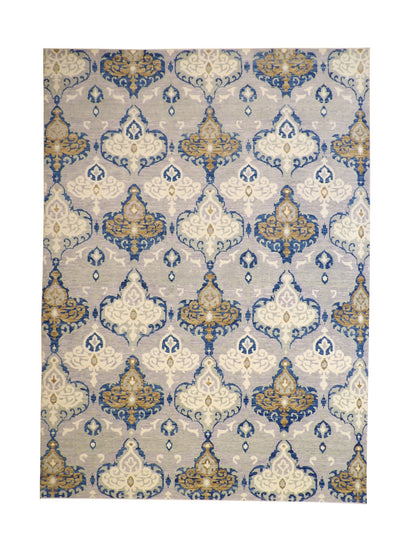 Modern Ikat hand-knotted wool rug in Blue & Gray, full view