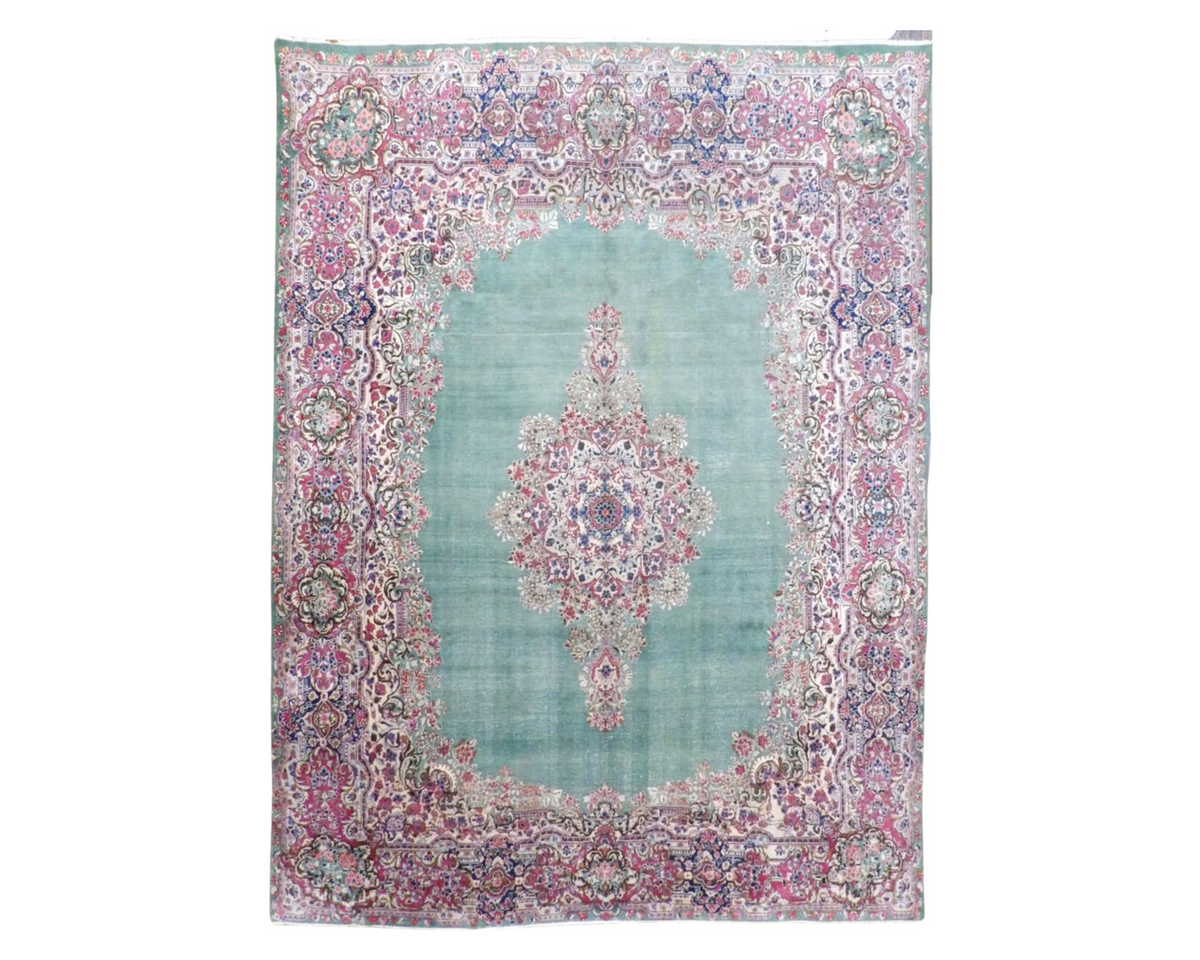 Antique Persian Kerman hand-knotted wool rug in Green & Red, full view