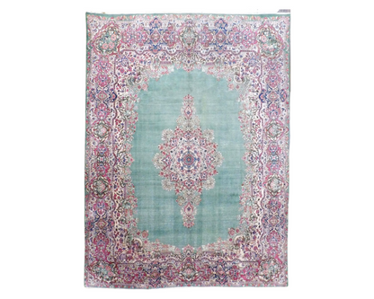 Antique Persian Kerman hand-knotted wool rug in Green & Red, full view