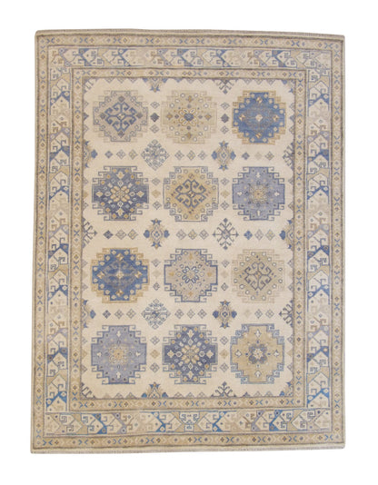 Tribal Super Kazak hand-knotted wool rug in Blue & Beige, full view