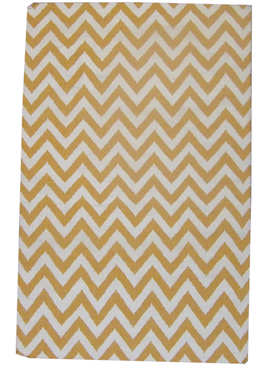 Coastal flat weave hand-knotted wool rug in gold and white, full view