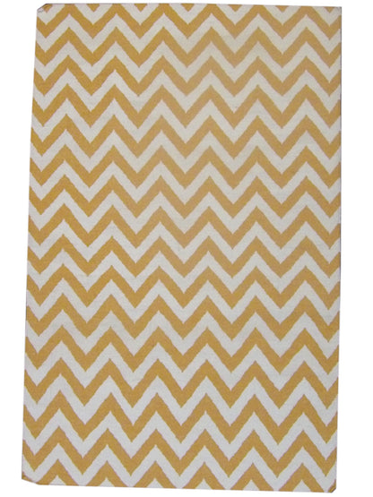 Coastal flat weave hand-knotted wool rug in gold and white, full view