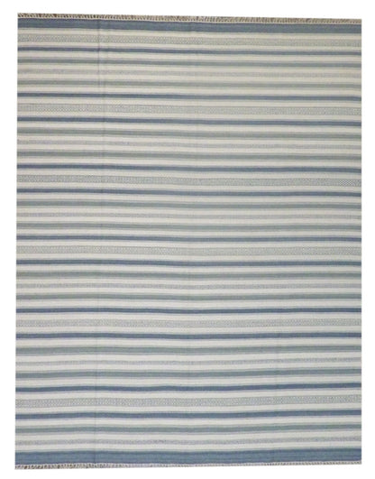 Coastal flat-weave hand-knotted wool rug in blue and white, full view