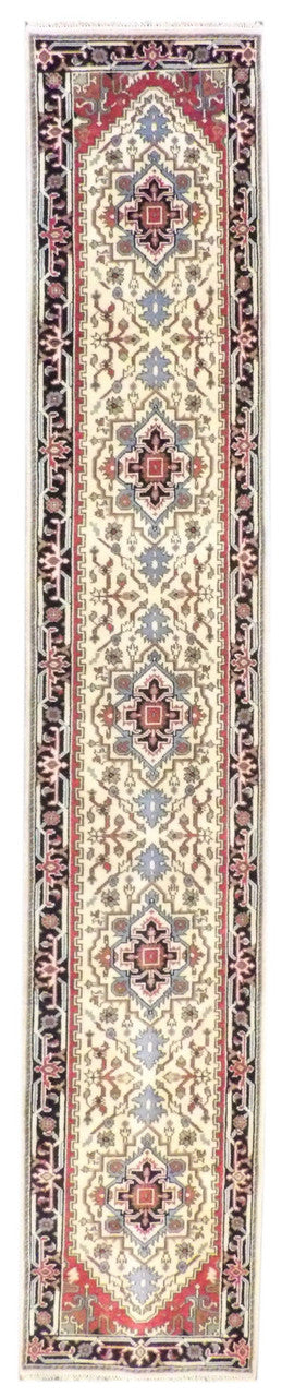 Tribal Indo Heriz hand-knotted wool runner in beige and black, full view