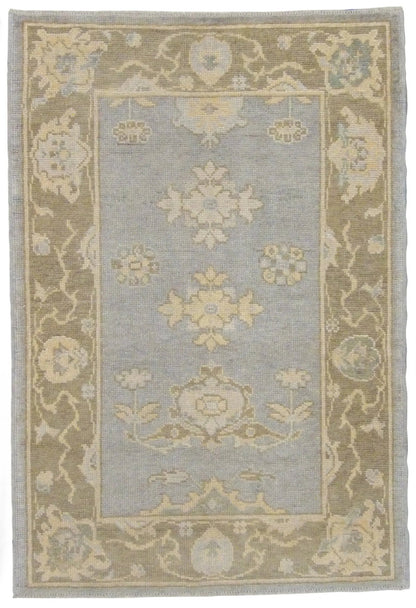Vintage Oushak hand-knotted wool rug in grey and soft tones, full view, 3x5