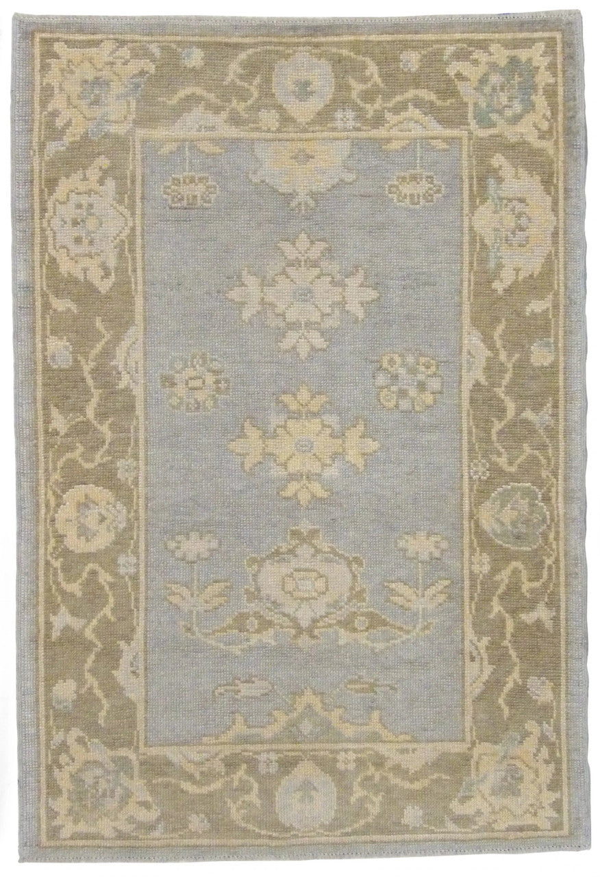 Vintage Oushak hand-knotted wool rug in grey and soft tones, full view, 3x5