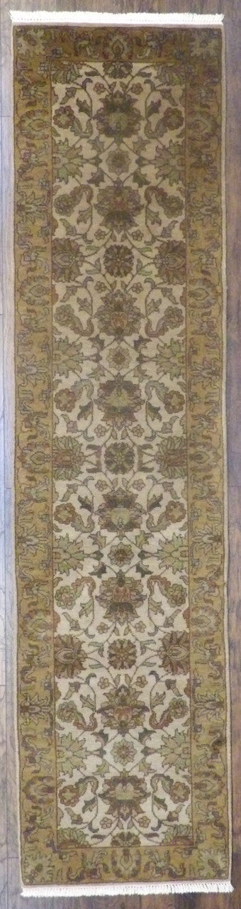 Jaipur Kashan hand-knotted wool runner in gold and beige, full view