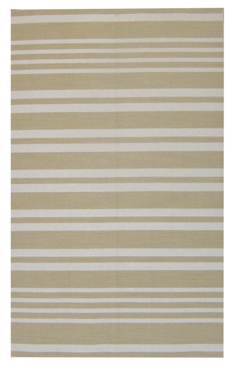 Coastal flat-weave beach hand-knotted wool rug in gold and ivory, full view