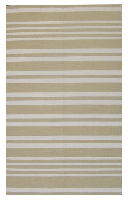 Coastal flat-weave beach hand-knotted wool rug in gold and ivory, full view