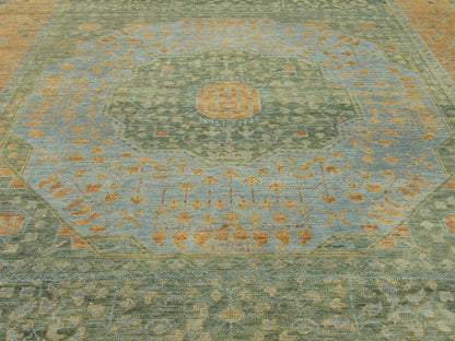 Green & Rust Tribal Mamluk Vegetable Dye rug in room setting