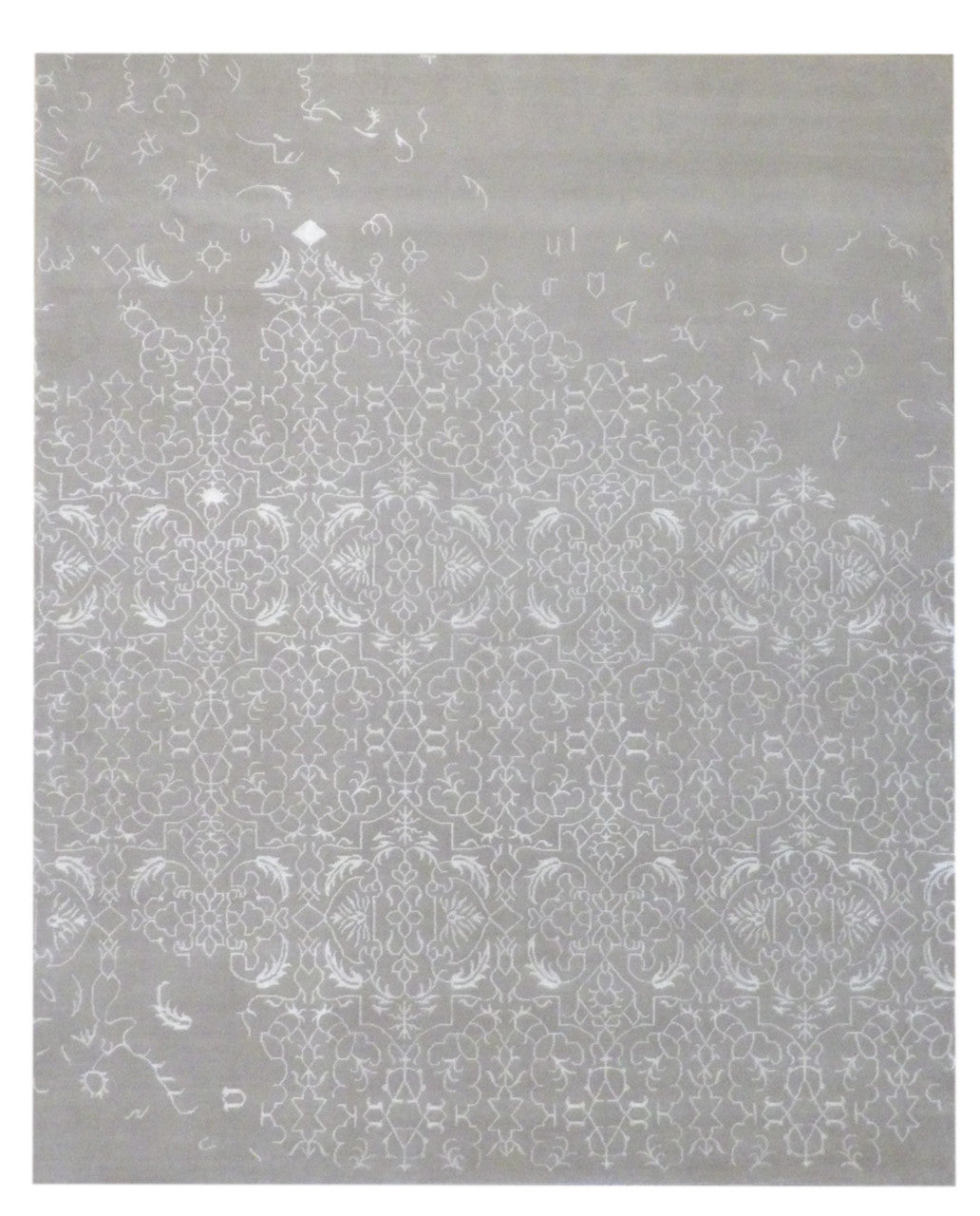 Transitional broken design hand-knotted wool-silk rug in gray and beige, full view