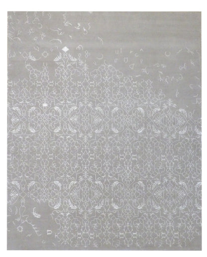 Transitional broken design hand-knotted wool-silk rug in gray and beige, full view