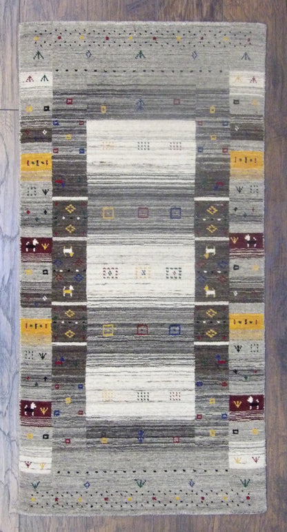 Persian Gabbeh hand-knotted wool rug in Gray & Red, full view