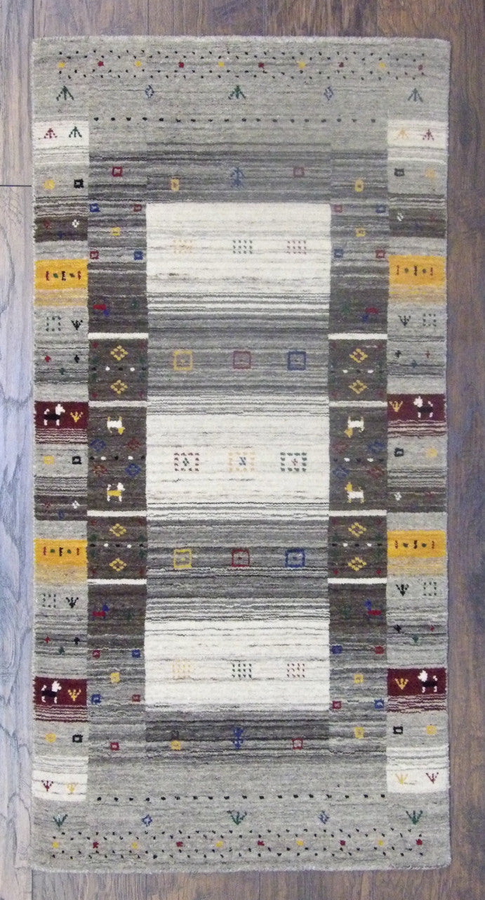 Persian Gabbeh hand-knotted wool rug in Gray & Red, full view