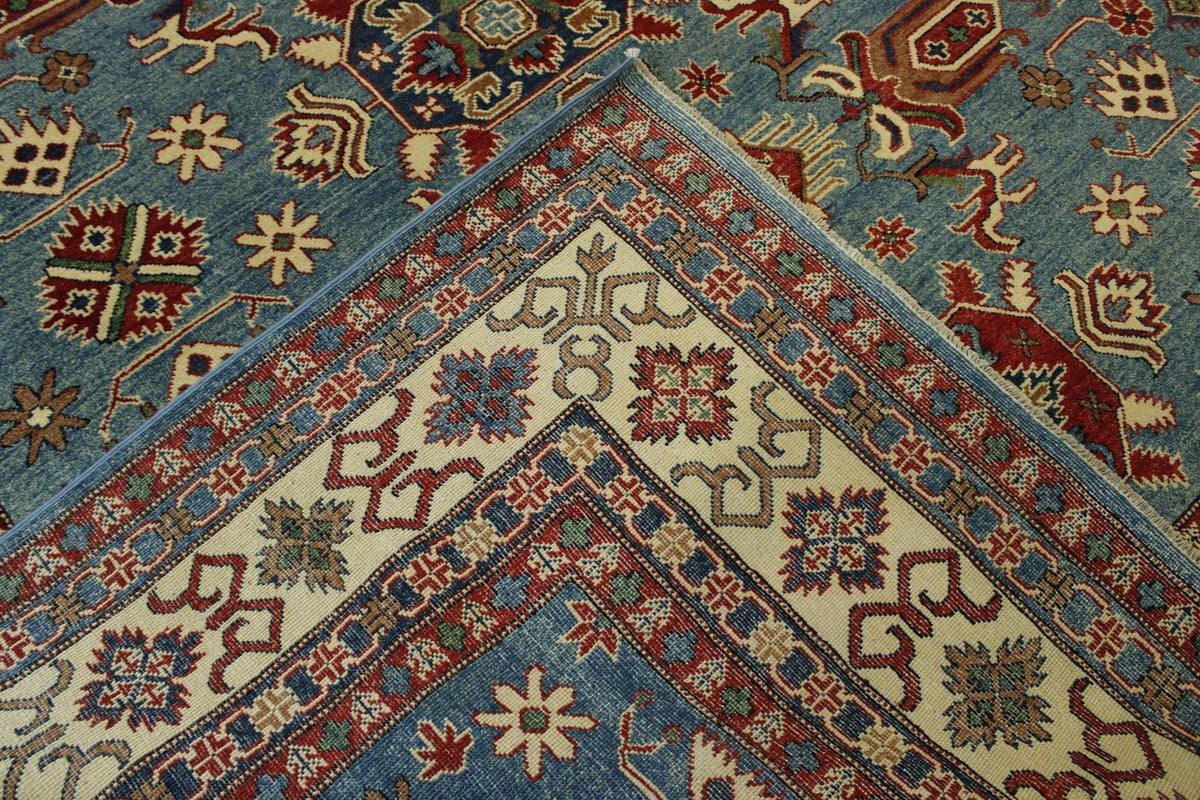 Tribal Super Kazak hand-knotted wool rug in Blue & Beige, full view