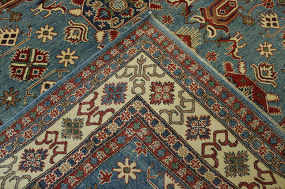 Tribal Super Kazak hand-knotted wool rug in Blue & Beige, full view