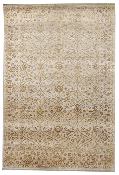 Transitional silky damask hand-knotted wool-silk rug in brown and gold, full view