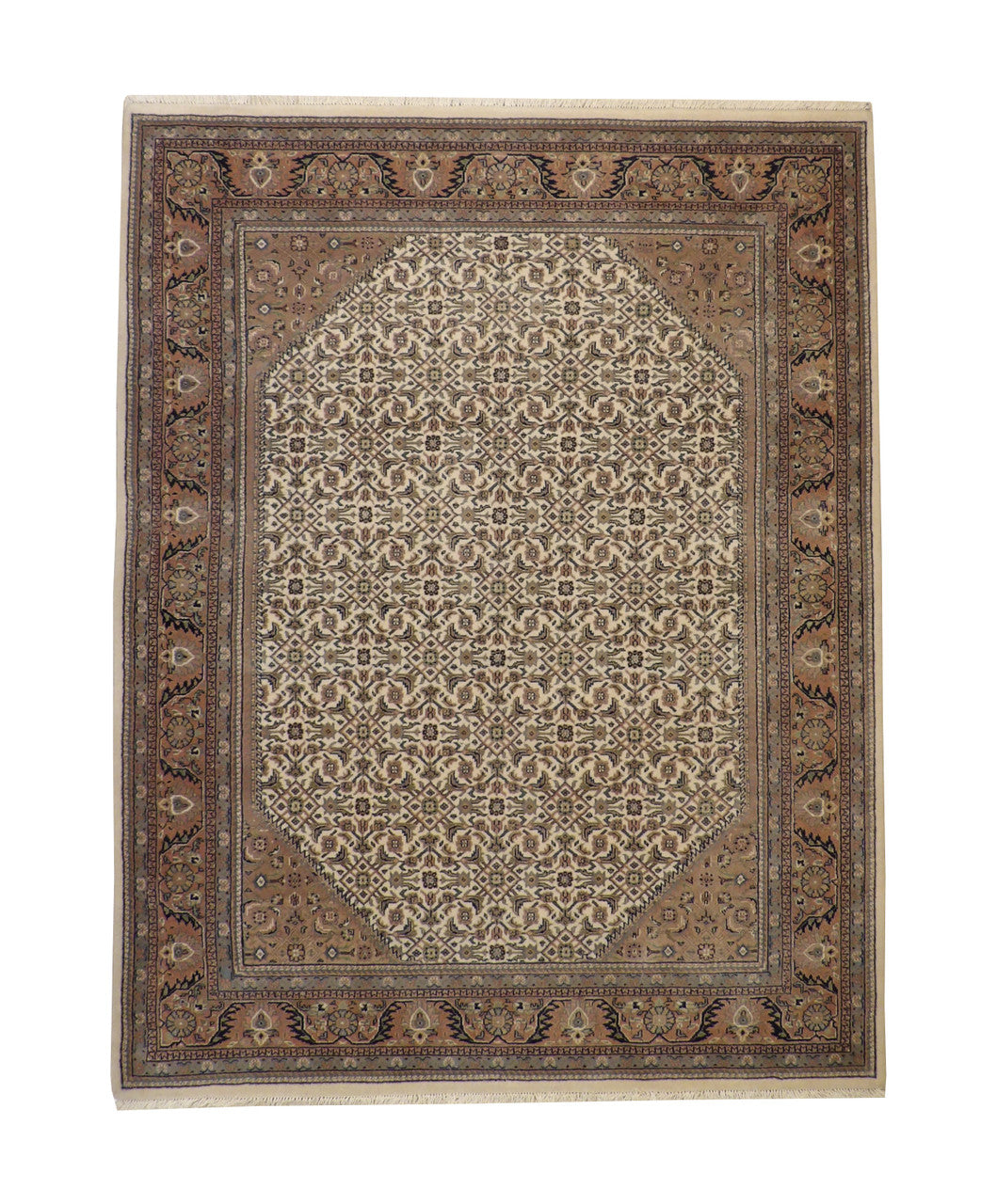 Traditional Indo Bidjar hand-knotted wool rug in Beige & Pink, full view